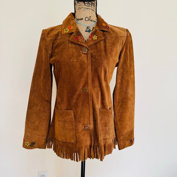 GAP Girls Cow Suede Fringe Embroidered Blazer Jacket KIDS XXL Womens XS Small - Picture 6 of 12